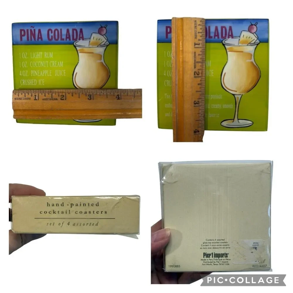 Pier 1 Imports Hand Painted Glass Top Wooden Coasters Set of Four in Box